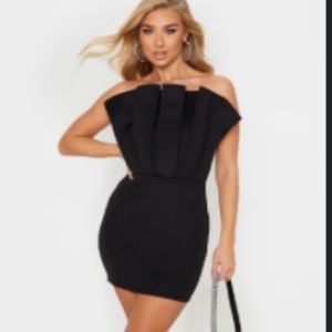 Black Scuba Bandeau Pleated Detail Dress